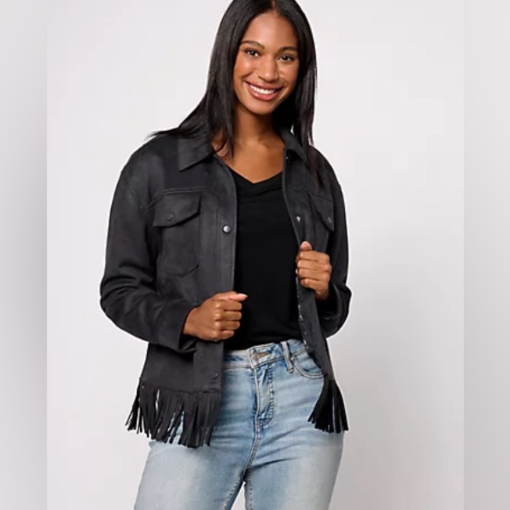 Canyon Retreat black suede fringed button down shacket jacket